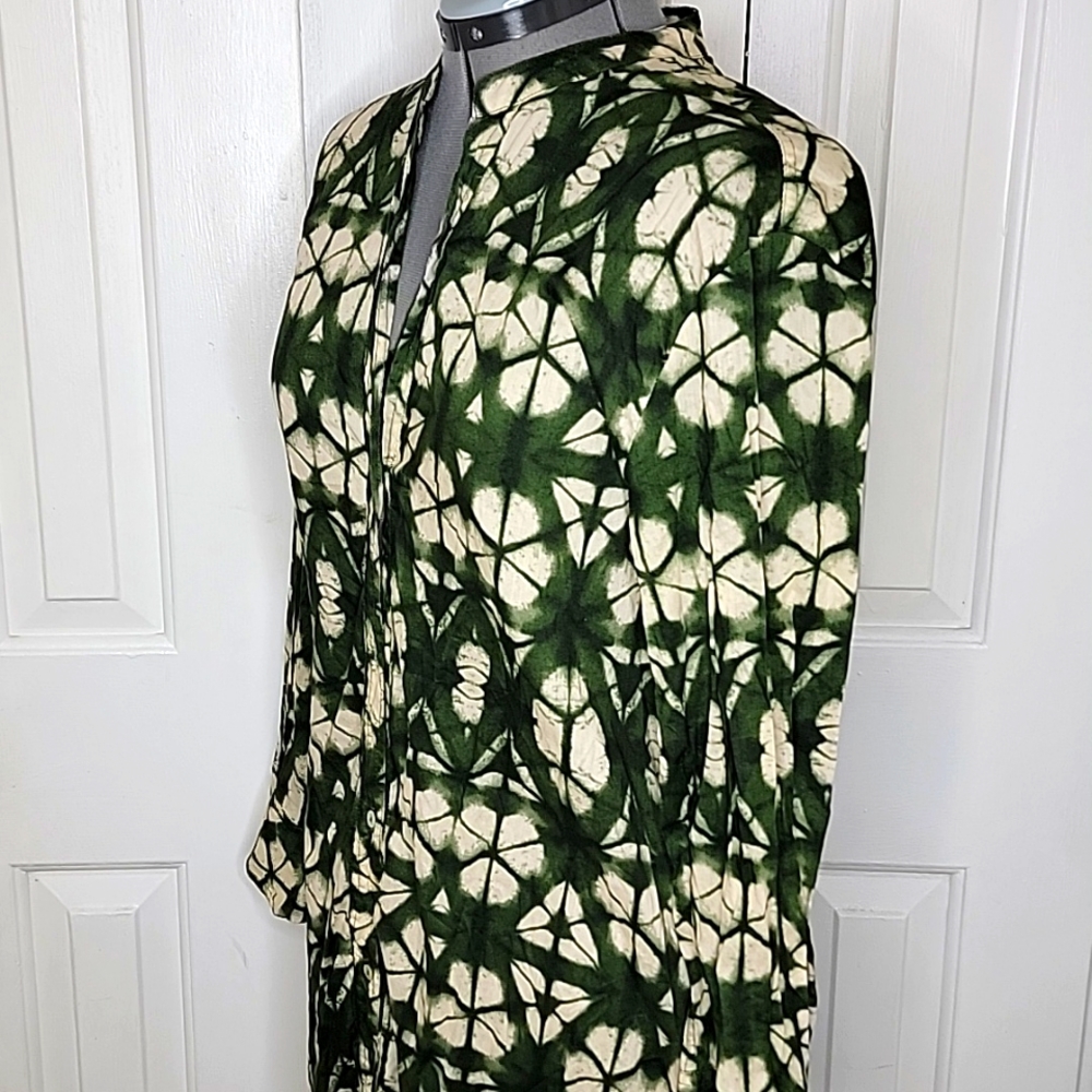Zara Print Tunic Dress Button Front Size Medium Green and Cream - Picture 3 of 8